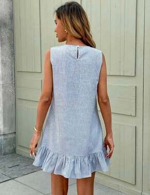 SHEIN LUNE Blue and White Striped Sleeveless Ruffle Hem Mini Tunic Dress